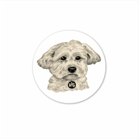 Illustration of a small, fluffy white dog with floppy ears, a dark nose, and an "HPB" tag on its collar, centered on a white background. Pappy Bubble Sticker (2 pack).