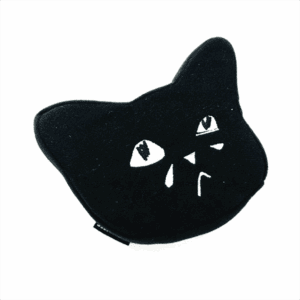The Sad Cat Dog Toy is a black fabric pouch shaped like a cat's head, with white stylized eyes and nose plus a teardrop under one eye, shown against a plain white background.