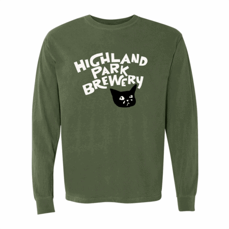 The Sad Cat Long Sleeve is a green shirt featuring "Highland Park Brewery" in curved white text above a black cartoon cat face with a quirky expression.