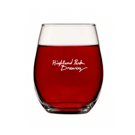 A clear Sad Cat Stemless Wine Glass (Set of 2) filled with red liquid, featuring "Highland Park Brewery" printed in white script on the front.