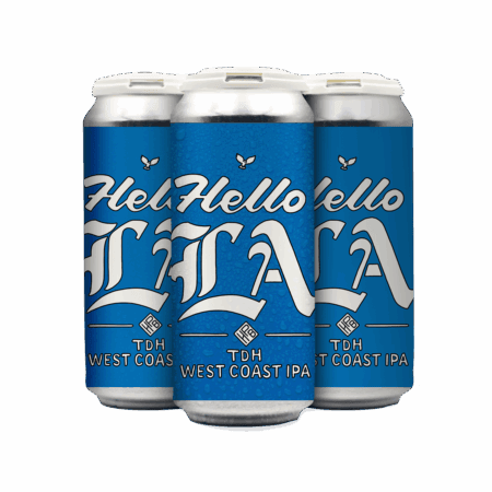 Three blue cans from the Goodnight LA (4 pack) are arranged in a triangle, each featuring bold white text and graphic designs.