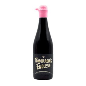 A dark glass bottle labeled "Tomorrow's Endless (2025)" with a black label, cream-colored text, and a distinctive pink wax seal over the cap.