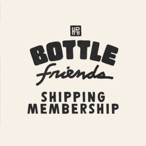 Black text on a beige background displays "Bottle Friends (Shipping) Membership," with "Friends" in cursive and the other words in bold, uppercase letters.