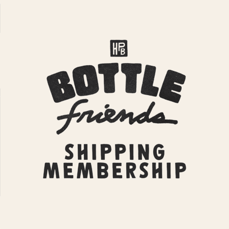 Black text on a beige background displays "Bottle Friends (Shipping) Membership," with "Friends" in cursive and the other words in bold, uppercase letters.