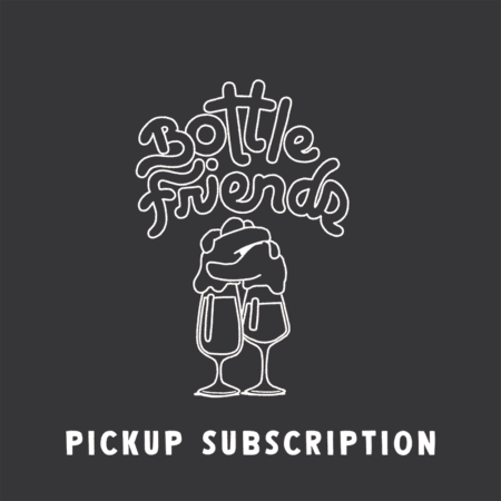 A white outline on a dark background shows two fists bumping above wine glasses, with "Bottle Friends" above and "Pickup Membership" below, representing the Bottle Friends (Pickup) Membership.