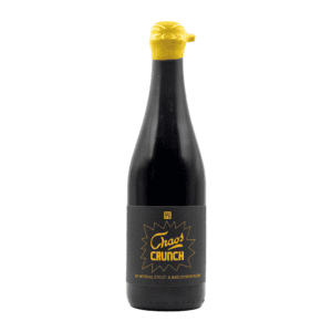 A dark beer bottle with a yellow wax-sealed cap, labeled "Chaos Crunch (2026)" in bold yellow on a black starburst label. The label reads "BA Imperial Stout & Barleywine Blend.