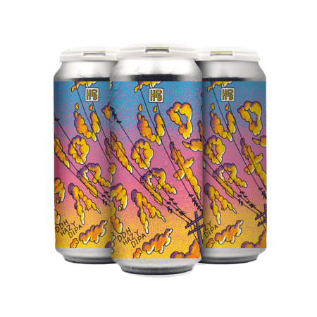 Four cans with colorful labels featuring a vibrant, abstract sunset background, orange clouds, and dynamic black lines. The label reads "DDH Cloud Party" in stylized yellow and orange lettering. Available as a 4 pack.