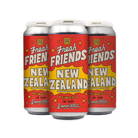 A 4-pack of Fresh Friends: New Zealand, featuring bright red and yellow labels with "Newest in Hop Innovation," is displayed against a plain white background.