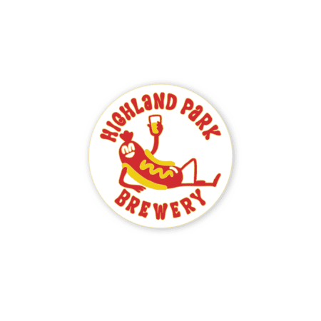The Hot Dog Day Pin (2026) features a circular logo with "Highland Park Brewery" in red, showcasing a cartoon hot dog with mustard relaxing and holding a beer glass on a white background.