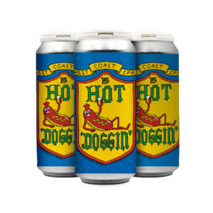 Three cans of West Coast IPA beer with bright blue and yellow labels featuring a cartoon hot dog with sunglasses and the text "Hot Doggin'" in bold, playful font—perfect for fans of Los Angeles beer and upcoming beer releases and events.