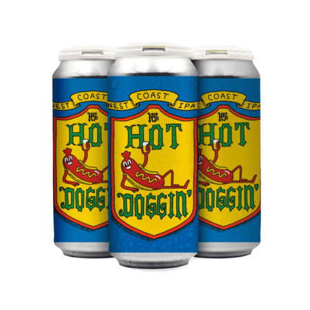 Three cans of West Coast IPA beer with bright blue and yellow labels featuring a cartoon hot dog with sunglasses and the text "Hot Doggin'" in bold, playful font—perfect for fans of Los Angeles beer and upcoming beer releases and events.