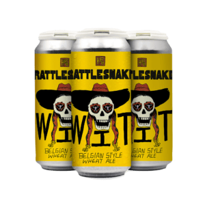Four cans of Rattlesnake With, a Belgian style wheat ale, with a yellow label featuring a skull in a cowboy hat and red bandana. The cans are arranged closely together against a white background. Four cans of Rattlesnake With, a Belgian style wheat ale, with a yellow label featuring a skull in a cowboy hat and red bandana. The cans are arranged closely together against a white background.