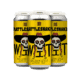 Four cans of Rattlesnake With, a Belgian style wheat ale, with a yellow label featuring a skull in a cowboy hat and red bandana. The cans are arranged closely together against a white background.
