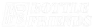White logo on a transparent background featuring the stylized letters "HB" in a box to the left, and "BOTTLE FRIENDS" in all caps to the right, with the “O” shaped like a bottle—perfect for any beer membership program.