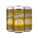 A 4-pack of Fresh Friends: 803 beer, featuring a gold and yellow design with "Newest in Hop Innovation" and decorative stars and sparkles on the cans.