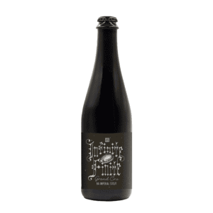 A dark glass beer bottle with a cork top, featuring a label that reads "Infinitefinite Grand Cru (2026)" in ornate white lettering on a dark background.