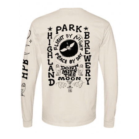 Cream-colored Owl Long Sleeve featuring black graphic text and illustrations on the back. Text includes “Highland Park Brewery,” “Flight by Night, Peace by Day,” and “Don’t Miss the Moon,” with birds, stars, and moon motifs.
