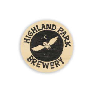 A round HPB Owl Sticker (2 pack) featuring "Highland Park Brewery" in bold around an illustration of an owl flying at night with a crescent moon and stars in the background.