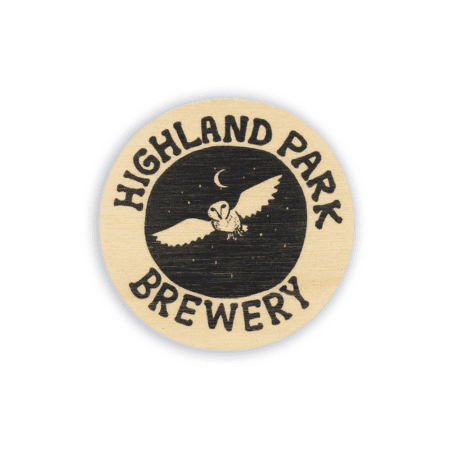 A round HPB Owl Sticker (2 pack) featuring "Highland Park Brewery" in bold around an illustration of an owl flying at night with a crescent moon and stars in the background.