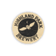 A round HPB Owl Sticker (2 pack) featuring "Highland Park Brewery" in bold around an illustration of an owl flying at night with a crescent moon and stars in the background.