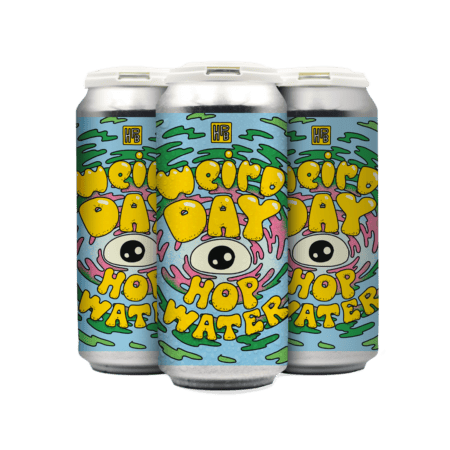 A 4-pack of "Weird Day" Hop Water featuring colorful, psychedelic artwork with a central cartoon eye, bold yellow lettering, and abstract swirling patterns in green, blue, and pink.