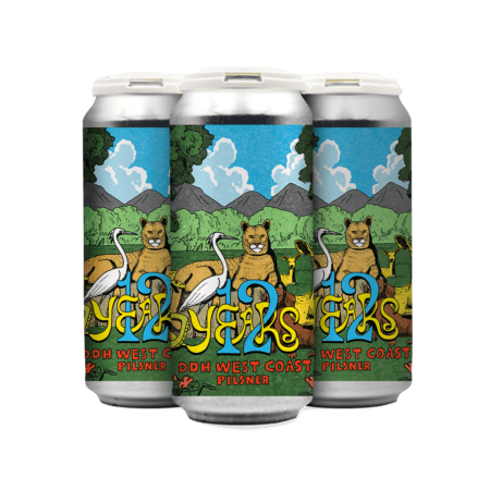 Three cans of DDH West Coast Pilsner with colorful artwork featuring a lion, swan, ducks, and green landscape with mountains, trees, and a blue sky in the background.