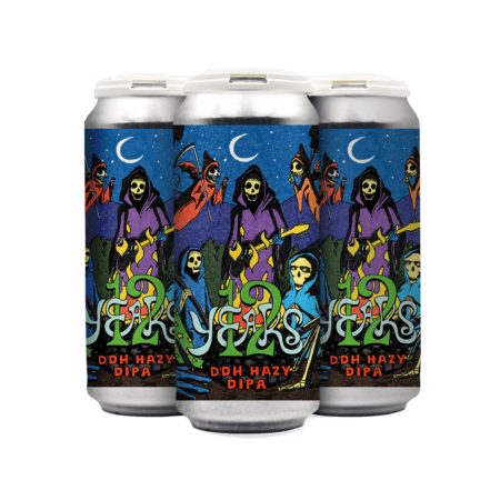 Four beer cans with colorful, illustrated labels featuring skeletons playing instruments under a crescent moon and starry sky. The text on the cans reads “10 YRS” and “DDH Hazy DIPA.”.