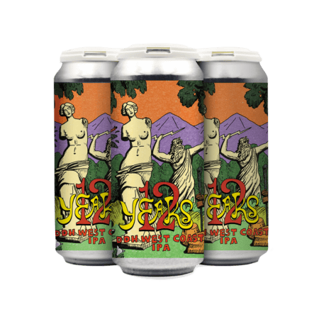 Four colorful beer cans with illustrated labels featuring classical statues, mountains, trees, and an orange-purple sunset sky. The text reads "Years DDH West Coast IPA" in bold, stylized font.