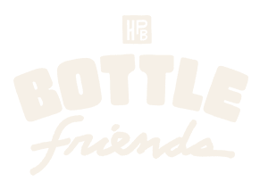 Faded text in a light beige color reads "BOTTLE friends" with a small rectangular logo above the word "BOTTLE." The background is white, giving it a subtle look perfect for a beer membership club.