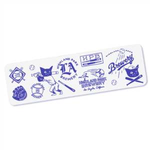The HPB Baseball Sketch Sticker (2 pack) features white rectangular stickers with blue baseball-themed designs, including cats with bats, baseballs, and Highland Park Brewery logos.