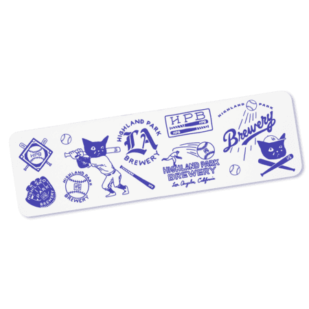 The HPB Baseball Sketch Sticker (2 pack) features white rectangular stickers with blue baseball-themed designs, including cats with bats, baseballs, and Highland Park Brewery logos.