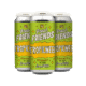 A 4-pack of Fresh Friends: TropicWeed beer, featuring bright green and yellow labels, arranged in a staggered lineup against a white background.