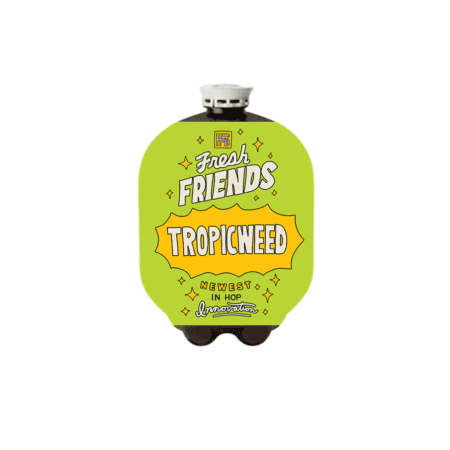A bright green beverage canister labeled "Fresh Friends TROPICWEED" with yellow and white text, star decorations, and the words "Newest in hop innovation" at the bottom.