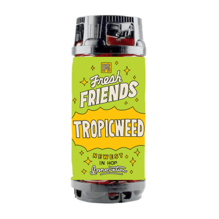 A beer keg with a bright green label reading "Fresh Friends Tropicweed" in bold letters, and "Newest in Hop Innovation" below, decorated with playful white stars and yellow design accents.