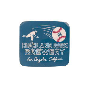 The HPB Baseball Sticker (2 pack) shows a baseball pitcher throwing a ball with "HPB" and "Highland Park Brewery, Los Angeles, California" in white stylized letters on a blue background.