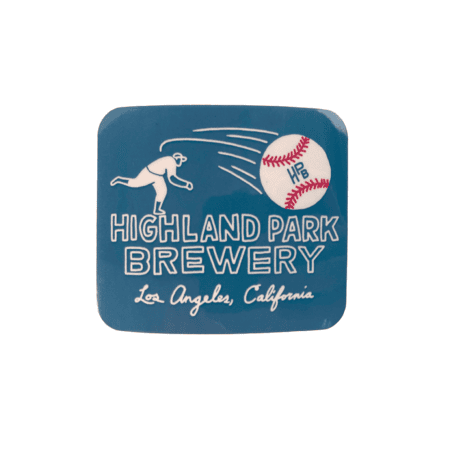 The HPB Baseball Sticker (2 pack) shows a baseball pitcher throwing a ball with "HPB" and "Highland Park Brewery, Los Angeles, California" in white stylized letters on a blue background.