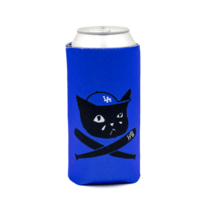 The Sad Cat Baseball Koozie is a silver can in a blue sleeve featuring a cartoon black cat in a blue "LA" cap, with two crossed bats below—one marked "HB.