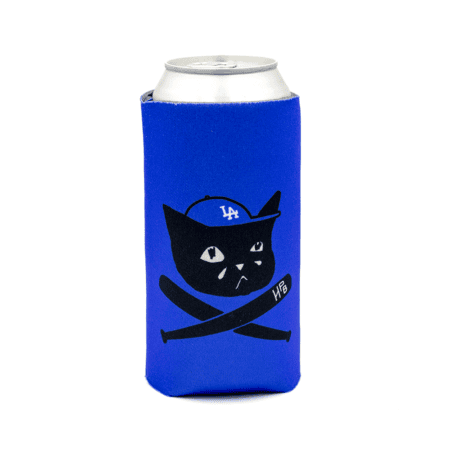 The Sad Cat Baseball Koozie is a silver can in a blue sleeve featuring a cartoon black cat in a blue "LA" cap, with two crossed bats below—one marked "HB.