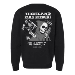 The Timboned Crewneck is a black sweatshirt with a skeleton in a cloak holding a peace sign, surrounded by “Forever Grateful,” Highland Park Brewery text, event details, LA address, and various illustrated elements.