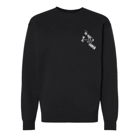 The Timboned Crewneck is a black sweatshirt featuring a small white graphic of a person skateboarding and holding a drink on the left chest.