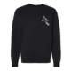 The Timboned Crewneck is a black sweatshirt featuring a small white graphic of a person skateboarding and holding a drink on the left chest.