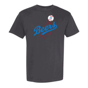 The Beers Tee is a dark gray shirt with "Beers" in blue script and a baseball above it, leaving red streaks as if thrown fast. The ball has "H6" printed on it.