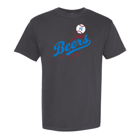The Beers Tee is a dark gray shirt with "Beers" in blue script and a baseball above it, leaving red streaks as if thrown fast. The ball has "H6" printed on it.