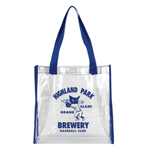 The HPB Baseball Clear Stadium Tote Bag features blue handles, trim, and a cartoon cat swinging a bat. "Highland Park Brewery Grand Slam! Baseball Club" is printed on the bag.