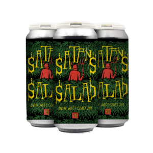 A 4-pack of "Satan’s Salad" DDH West Coast IPA, featuring cans with a red devil holding a fork, surrounded by green leaves and bold yellow text on a dark background.