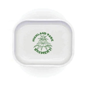 The HPB Turple Rolling Tray is a white rectangular tray with a green hop plant illustration in the center, surrounded by the text "Highland Park Brewery.