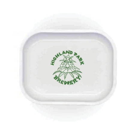 The HPB Turple Rolling Tray is a white rectangular tray with a green hop plant illustration in the center, surrounded by the text "Highland Park Brewery.