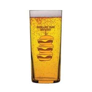 The Burger Burger Tumbler is a pint glass featuring amber beer with bubbles and a printed design of three stacked burgers, plus the "Highland Park Brewery" text above.