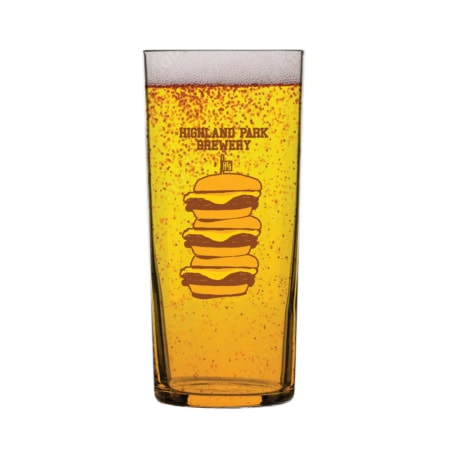 The Burger Burger Tumbler is a pint glass featuring amber beer with bubbles and a printed design of three stacked burgers, plus the "Highland Park Brewery" text above.