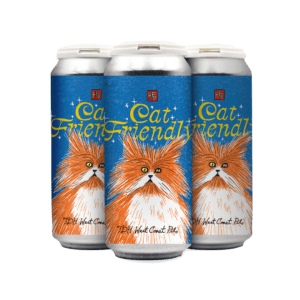 Three cans of "Cat Friendly" West Coast Pale Ale feature illustrated orange cats with long fur and yellow eyes on a blue background, celebrating los angeles beer culture in style. Follow for updates on upcoming beer releases and events!.